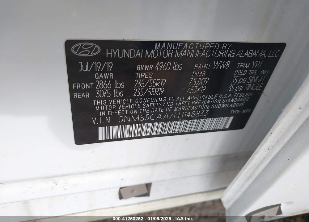 2020 HYUNDAI SANTA FE LIMITED 2.0T VIN: 5NMS5CAA7LH148833