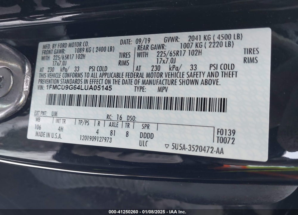 2020 FORD ESCAPE VIN: 1FMCU9G64LUA05145