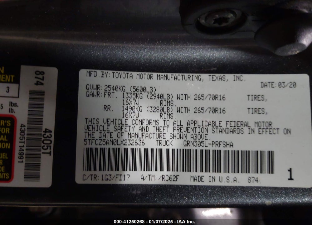 2020 TOYOTA TACOMA VIN: 5TFCZ5AN0LX232636