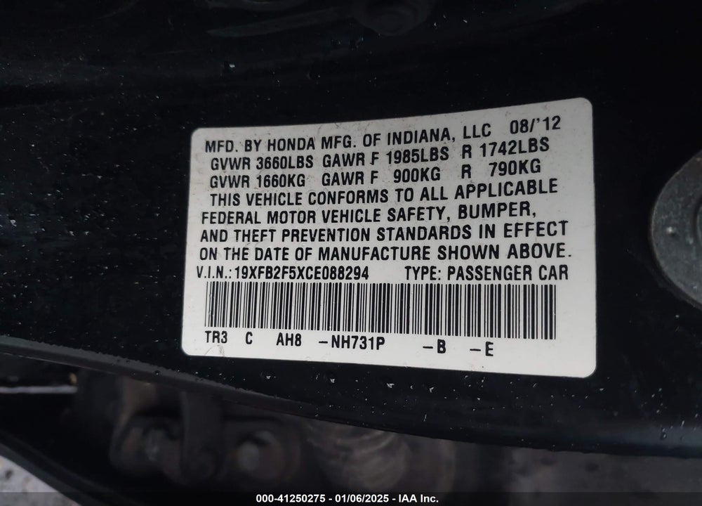 2012 HONDA CIVIC SDN LX VIN: 19XFB2F5XCE088294