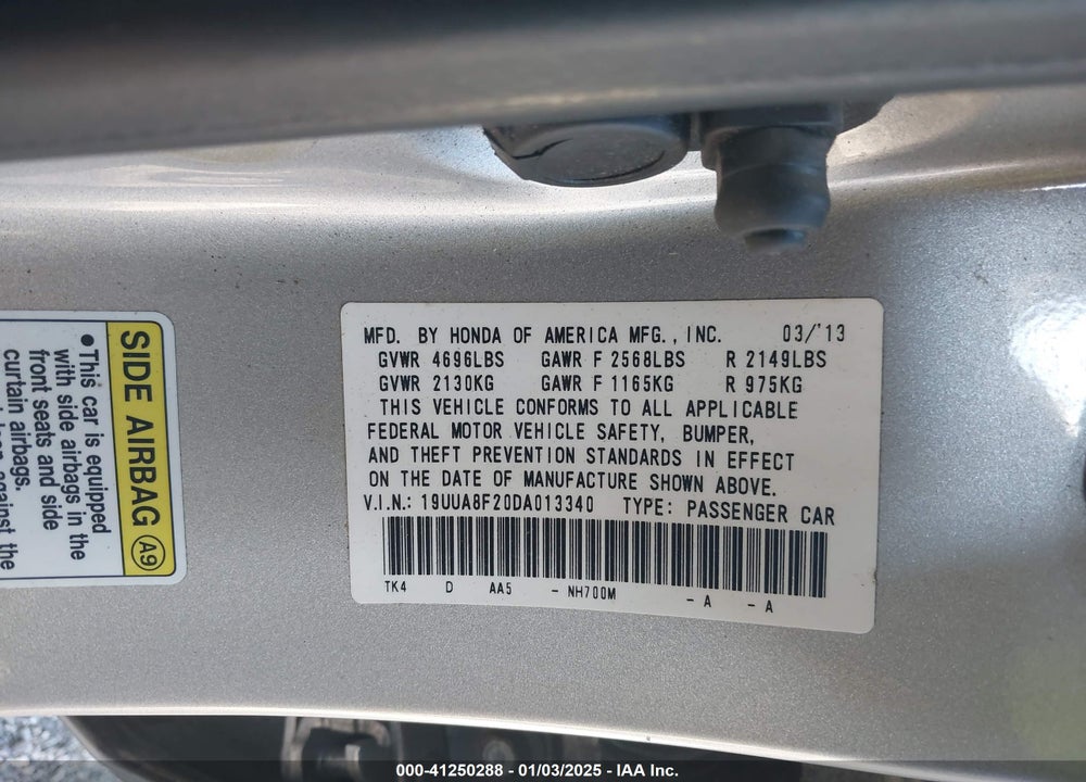 2013 ACURA TL VIN: 19UUA8F20DA013340