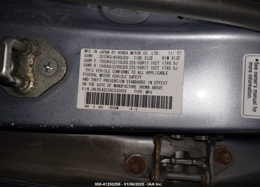 2008 HONDA CR-V LX VIN: JHLRE48338C030959