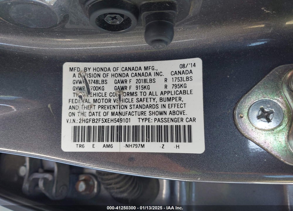 2014 HONDA CIVIC LX VIN: 2HGFB2F5XEH549101