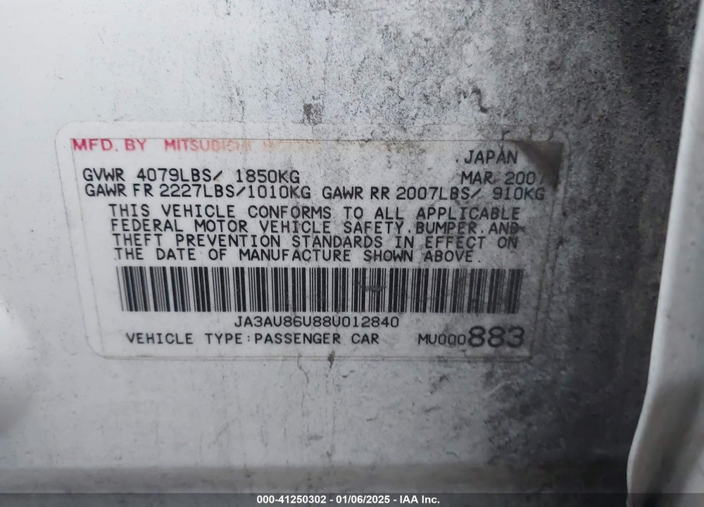 2008 MITSUBISHI LANCER GTS VIN: JA3AU86U88U012840