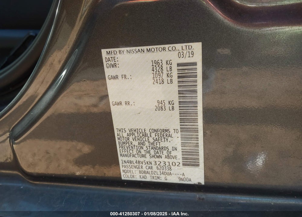 2019 NISSAN ALTIMA VIN: 1N4BL4BV5KN323102