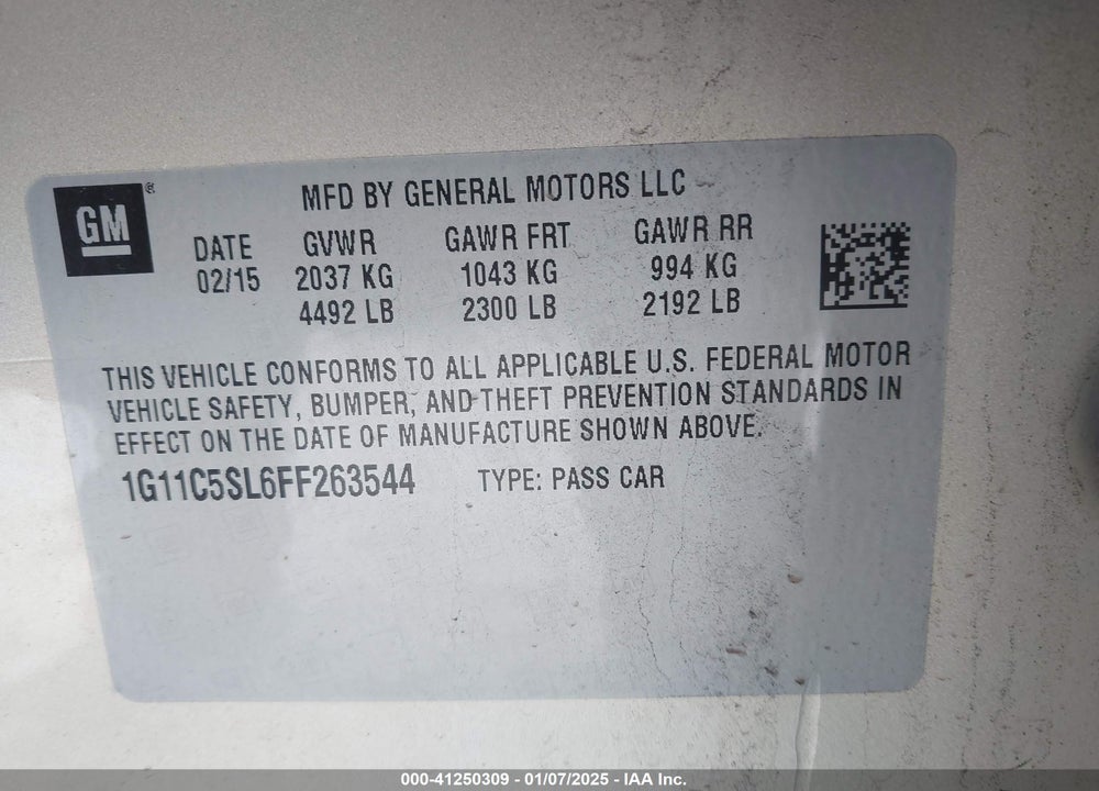 2015 CHEVROLET MALIBU 1LT VIN: 1G11C5SL6FF263544