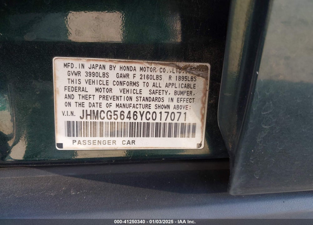2000 HONDA ACCORD 2.3 LX VIN: JHMCG5646YC017071