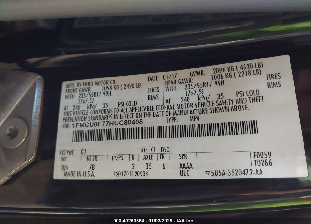 2017 FORD ESCAPE VIN: 1FMCU0F77HUC80408