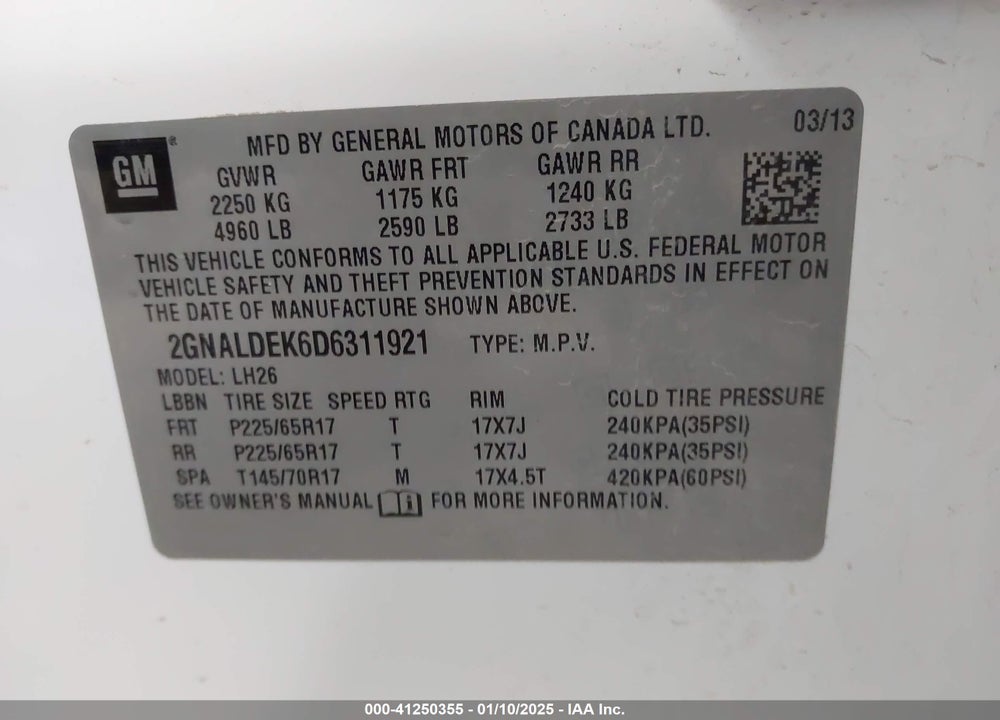 2013 CHEVROLET EQUINOX 1LT VIN: 2GNALDEK6D6311921