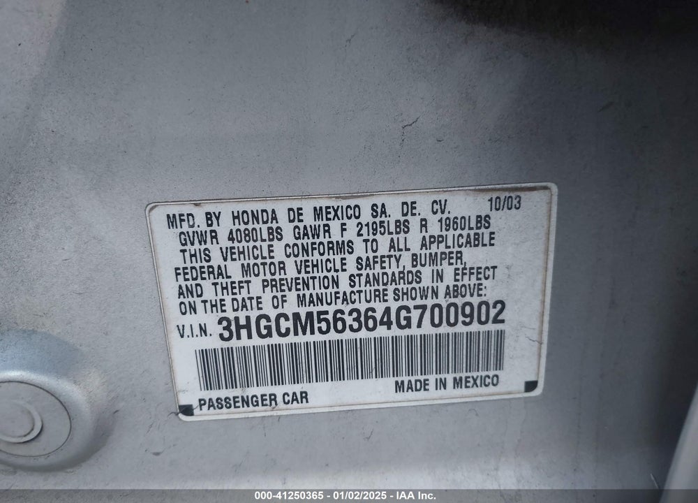 2004 HONDA ACCORD 2.4 LX VIN: 3HGCM56364G700902