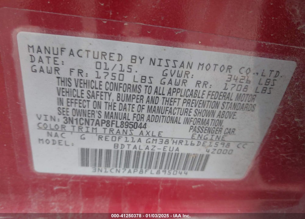 2015 NISSAN VERSA 1.6 S+ VIN: 3N1CN7AP8FL895044