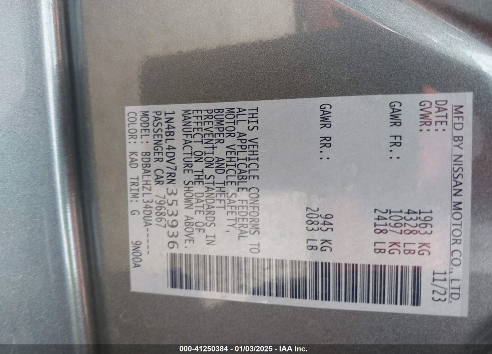 2024 NISSAN ALTIMA SV FWD VIN: 1N4BL4DV7RN353936