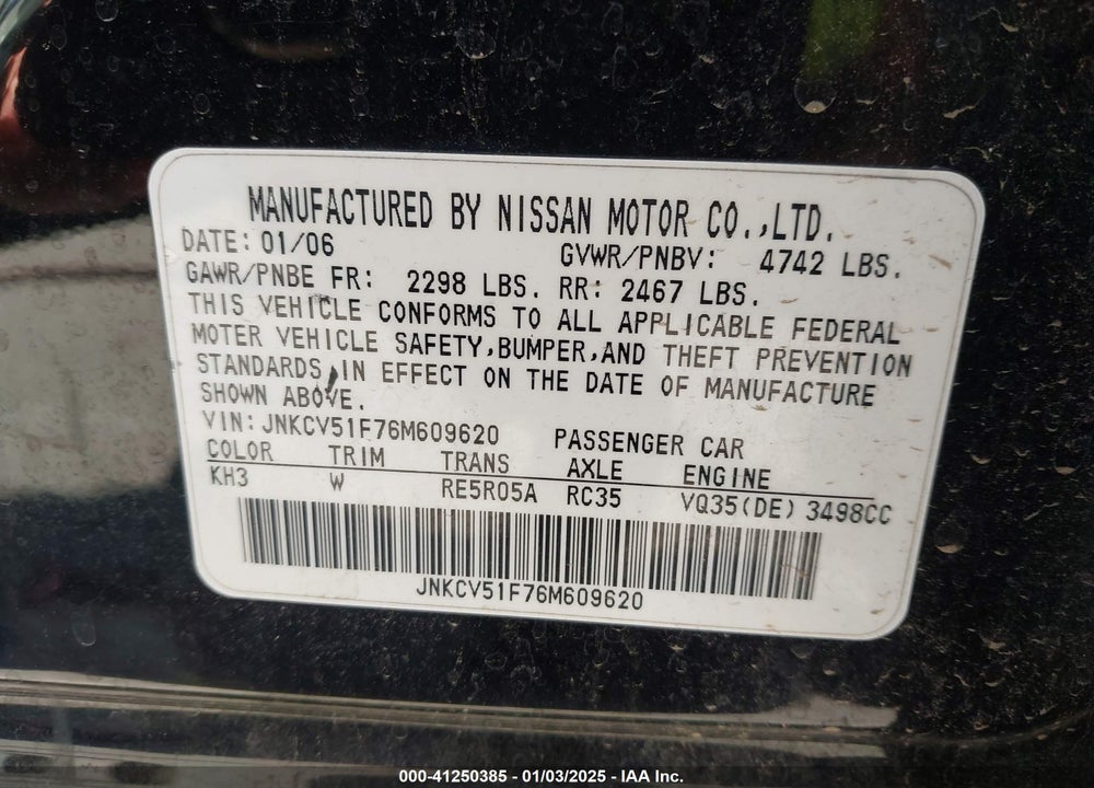 2006 INFINITI G35X VIN: JNKCV51F76M609620