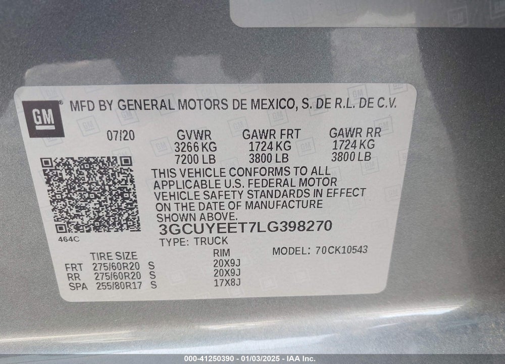 2020 CHEVROLET SILVERADO 1500 VIN: 3GCUYEET7LG398270