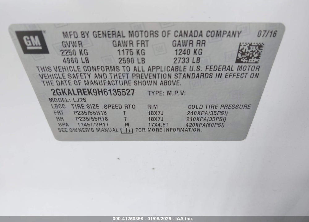 2017 GMC TERRAIN VIN: 2GKALREK9H6135527