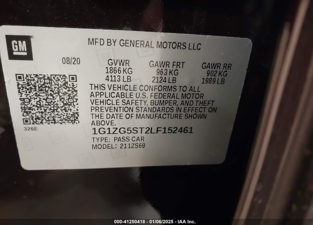 2020 CHEVROLET MALIBU VIN: 1G1ZG5ST2LF152461
