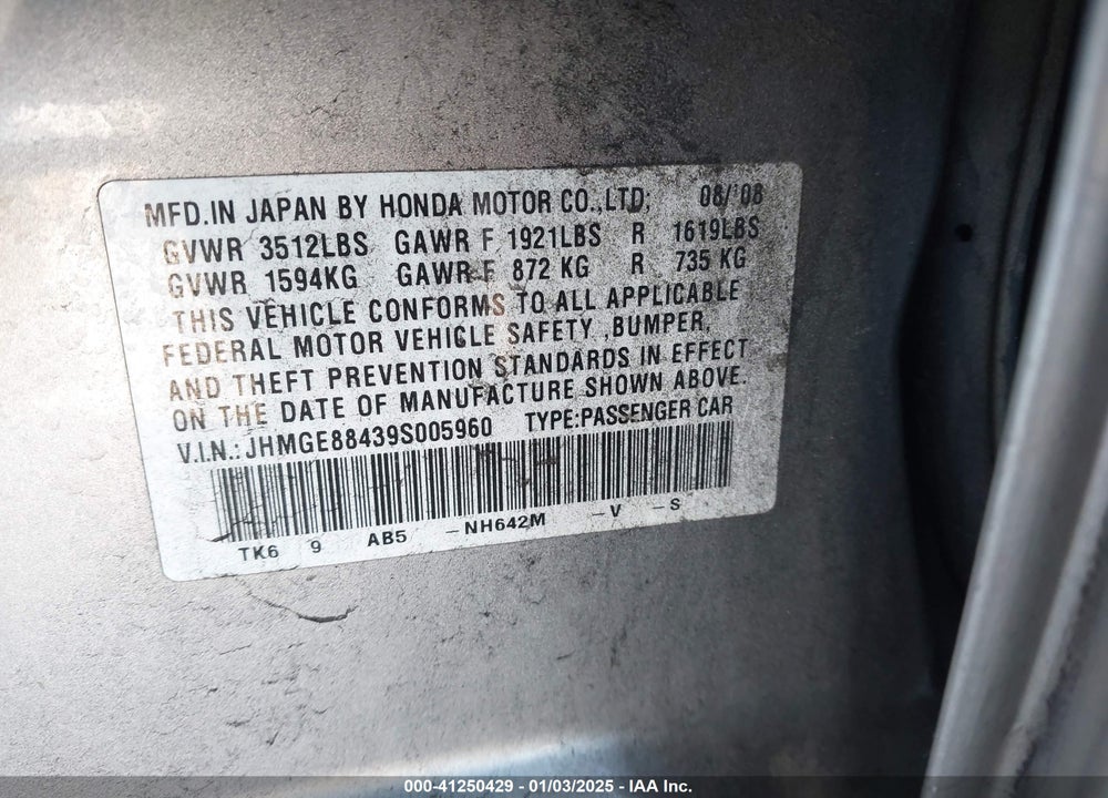 2009 HONDA FIT SPORT VIN: JHMGE88439S005960