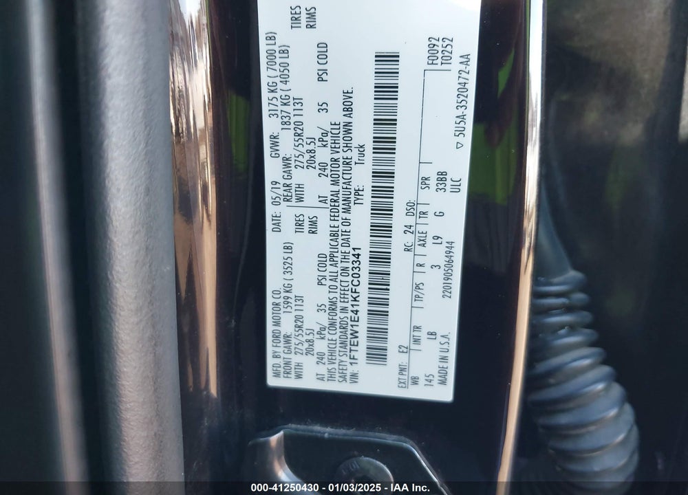2019 FORD F-150 VIN: 1FTEW1E41KFC03341