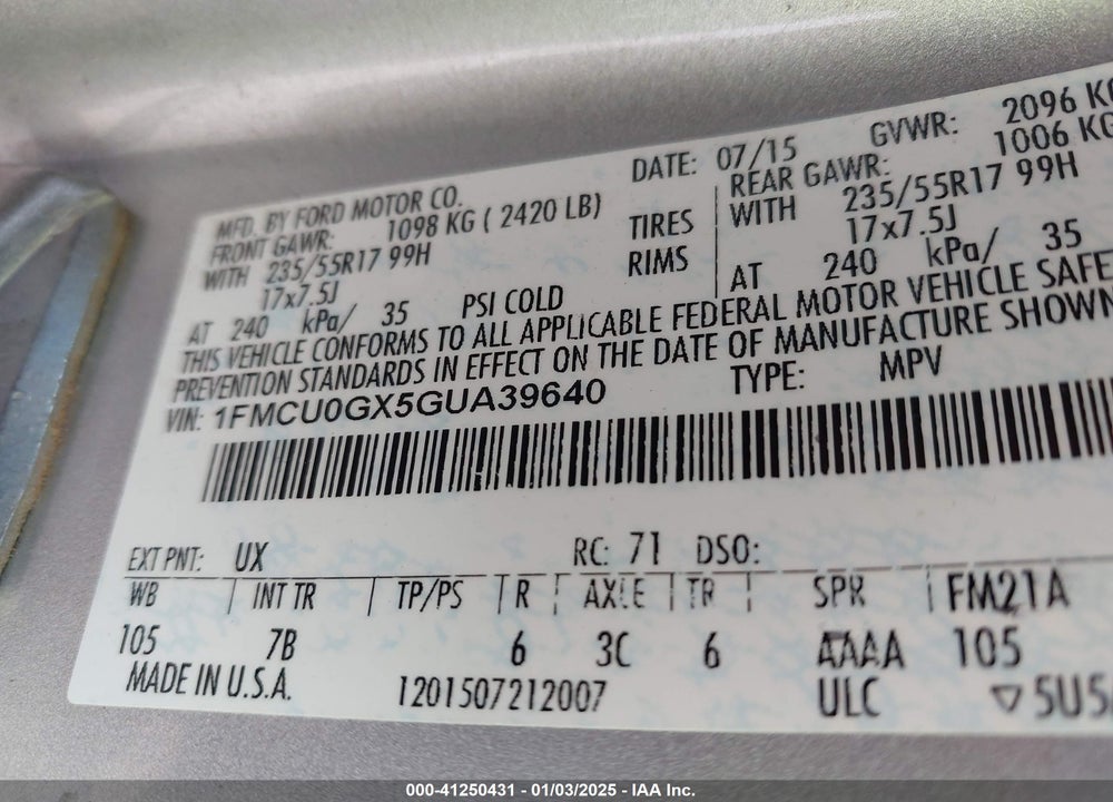 2016 FORD ESCAPE SE VIN: 1FMCU0GX5GUA39640