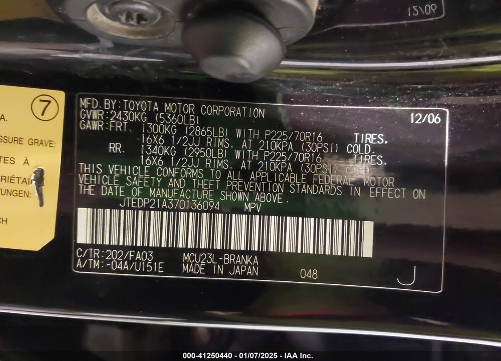 2007 TOYOTA HIGHLANDER V6 VIN: JTEDP21A370136094