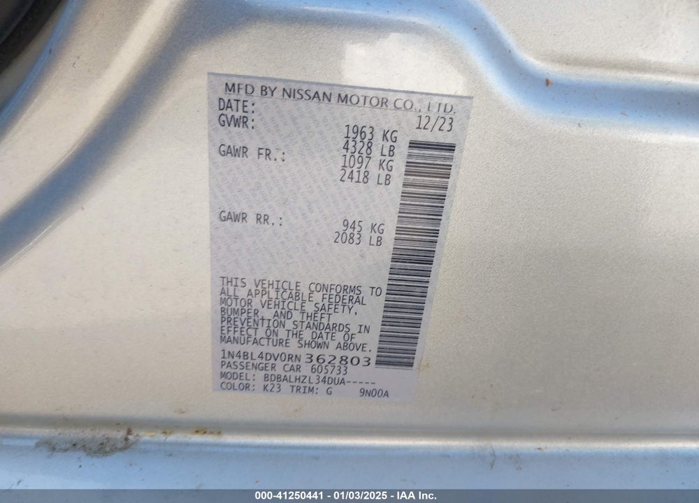 2024 NISSAN ALTIMA SV FWD VIN: 1N4BL4DV0RN362803