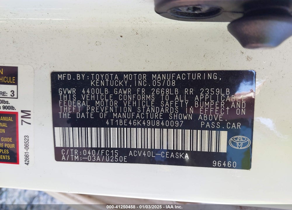 2009 TOYOTA CAMRY SE VIN: 4T1BE46K49U840097