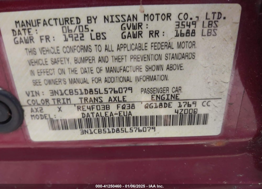 2005 NISSAN SENTRA 1.8S VIN: 3N1CB51D85L576079