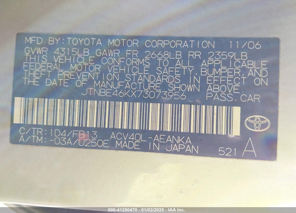2007 TOYOTA CAMRY LE VIN: JTNBE46KX73073956