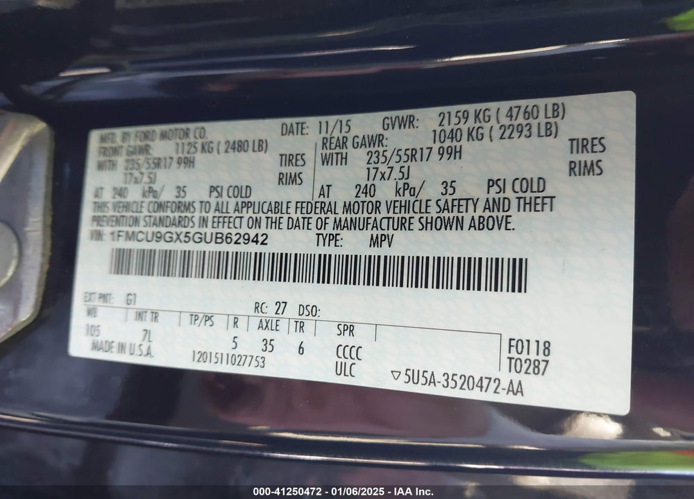 2016 FORD ESCAPE VIN: 1FMCU9GX5GUB62942