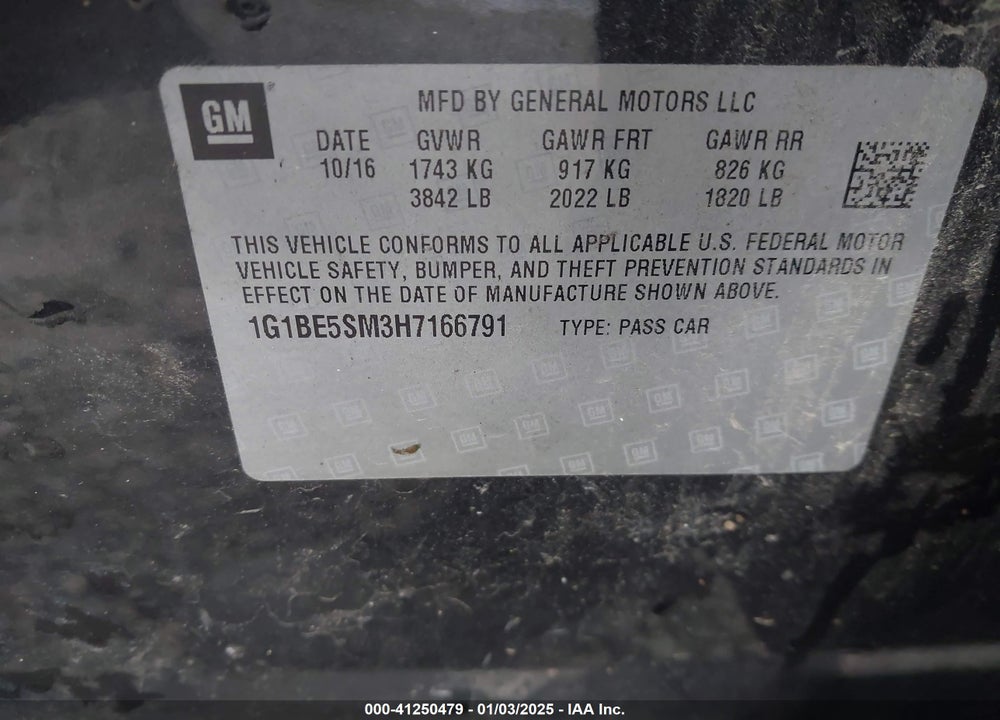 2017 CHEVROLET CRUZE LT AUTO VIN: 1G1BE5SM3H7166791