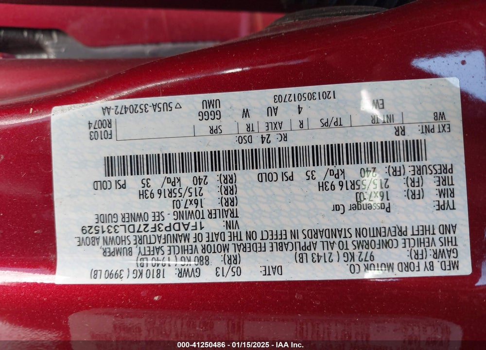 2013 FORD FOCUS VIN: 1FADP3F27DL331529