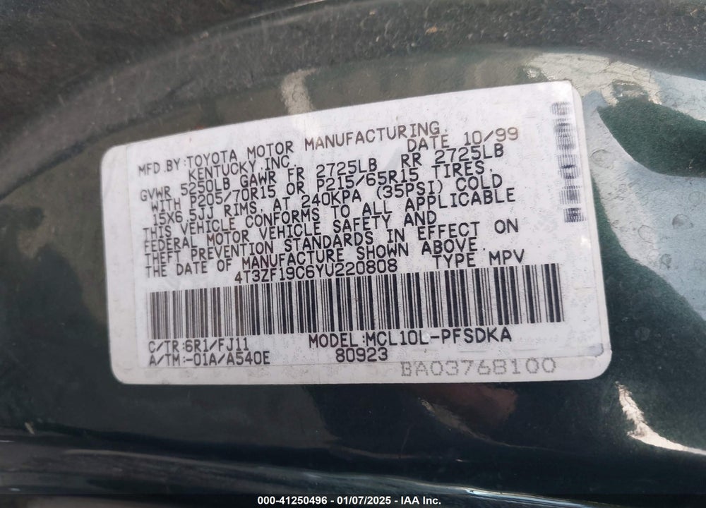 2000 TOYOTA SIENNA CE VIN: 4T3ZF19C6YU220808