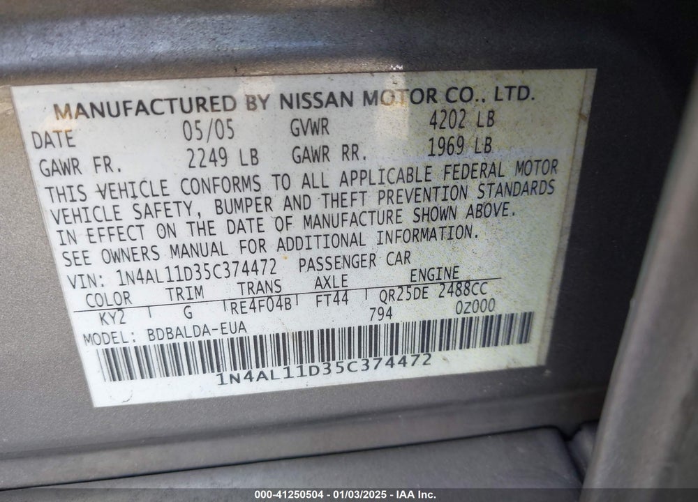 2005 NISSAN ALTIMA 2.5 S VIN: 1N4AL11D35C374472