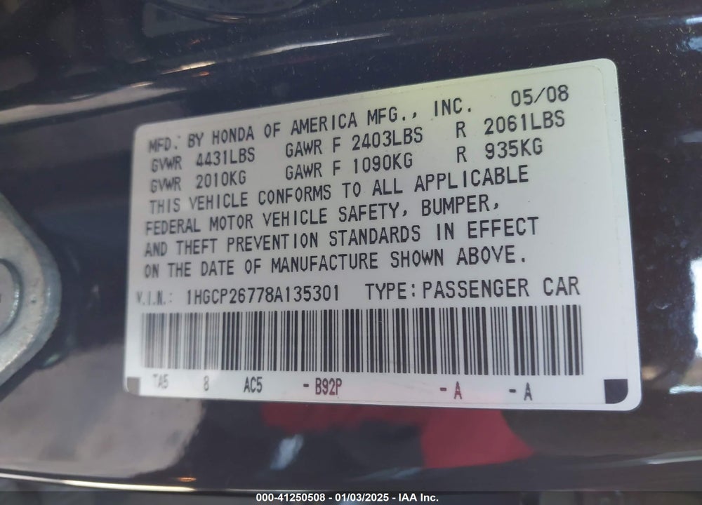 2008 HONDA ACCORD 2.4 EX VIN: 1HGCP26778A135301