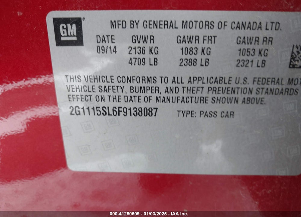 2015 CHEVROLET IMPALA 1LT VIN: 2G1115SL6F9138087