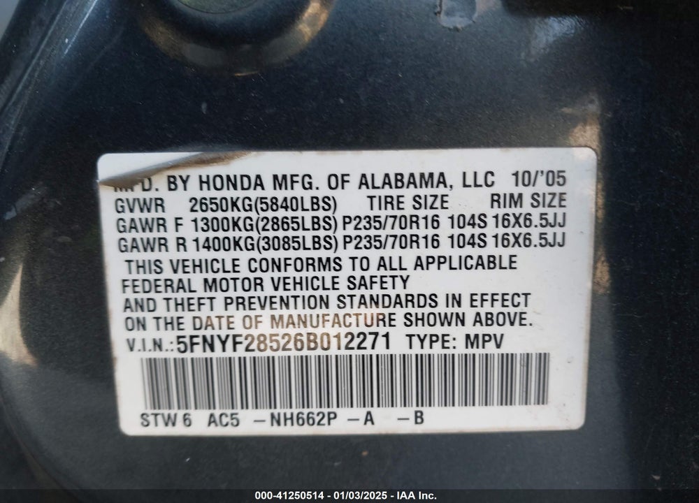 2006 HONDA PILOT EX-L VIN: 5FNYF28526B012271