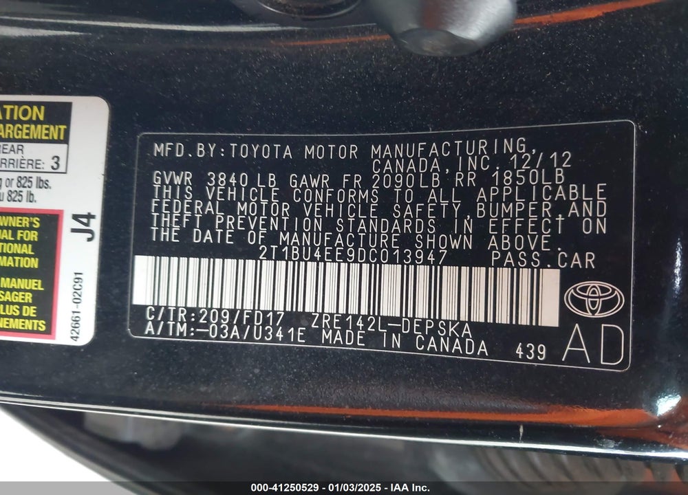 2013 TOYOTA COROLLA VIN: 2T1BU4EE9DC013947