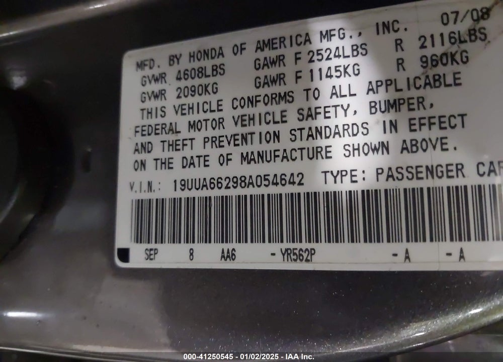 2008 ACURA TL 3.2 VIN: 19UUA66298A054642