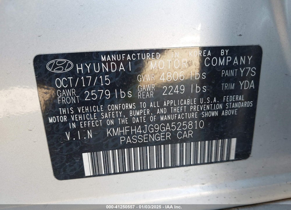 2016 HYUNDAI AZERA VIN: KMHFH4JG9GA525810