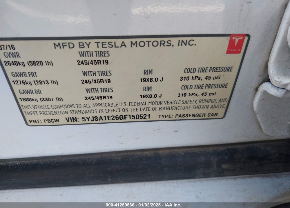 2016 TESLA MODEL S 60D/70D/75D/85D/90D VIN: 5YJSA1E26GF150521