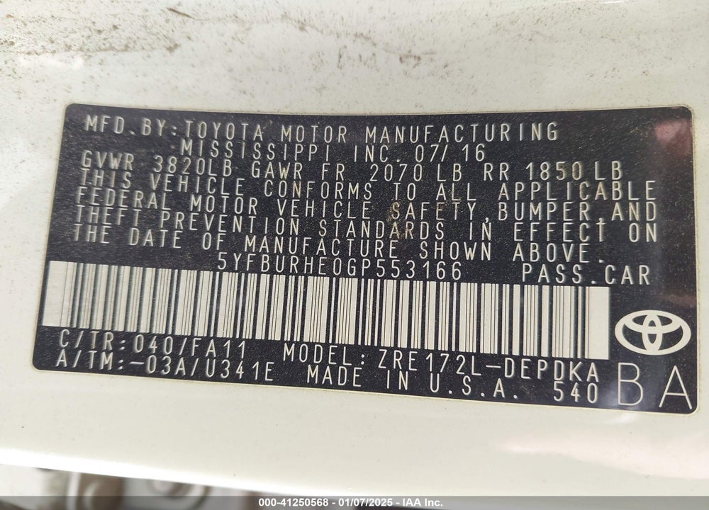 2016 TOYOTA COROLLA VIN: 5YFBURHE0GP553166