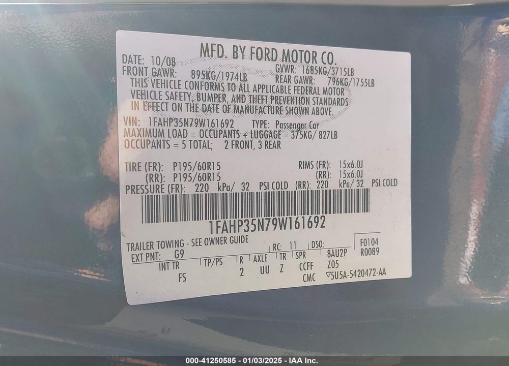 2009 FORD FOCUS SE VIN: 1FAHP35N79W161692