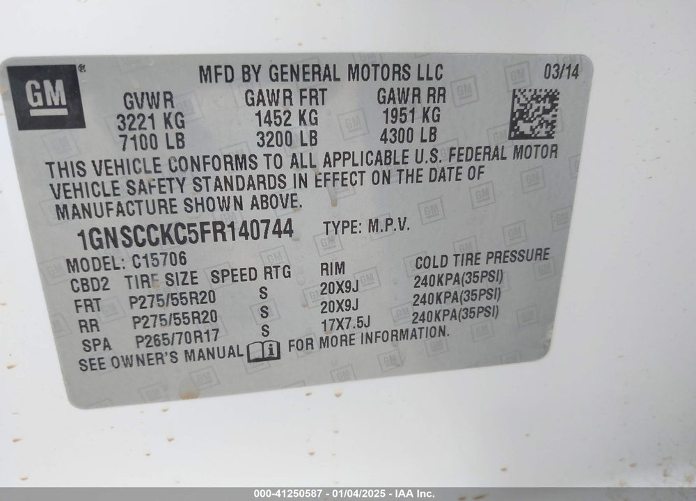 2015 CHEVROLET TAHOE LTZ VIN: 1GNSCCKC5FR140744