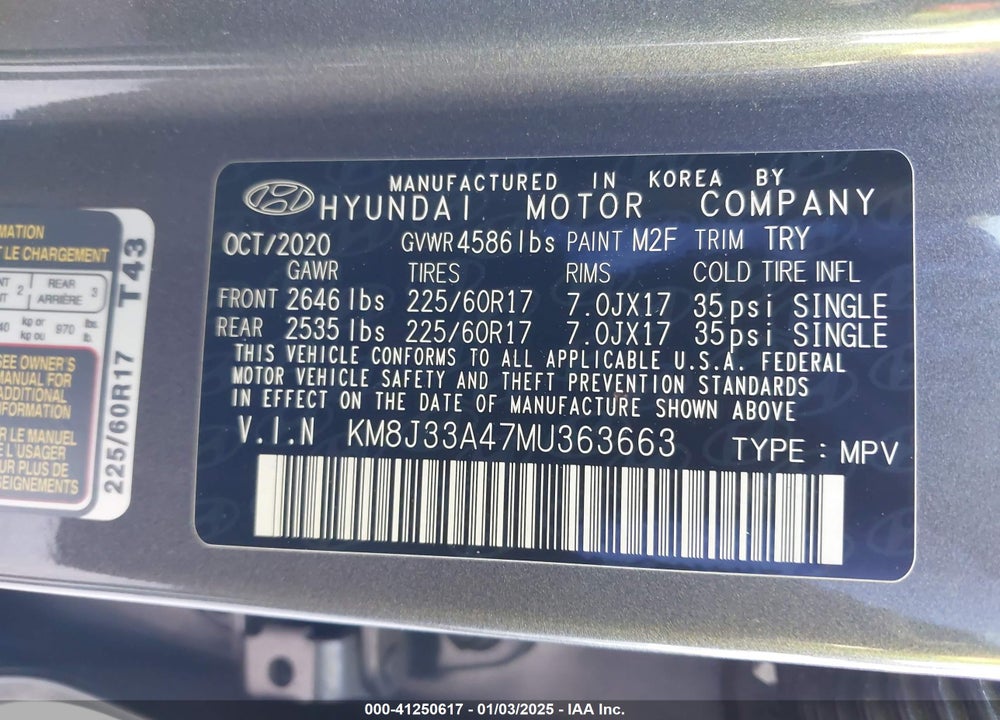 2021 HYUNDAI TUCSON VIN: KM8J33A47MU363663