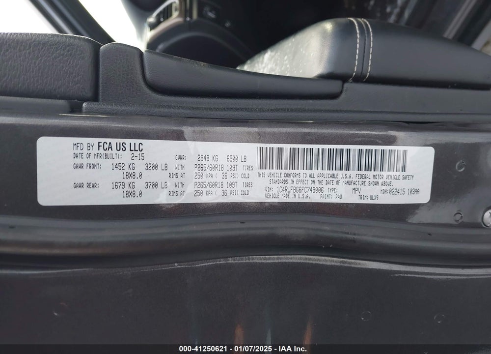 2015 JEEP GRAND CHEROKEE LIMITED VIN: 1C4RJFBG6FC749006