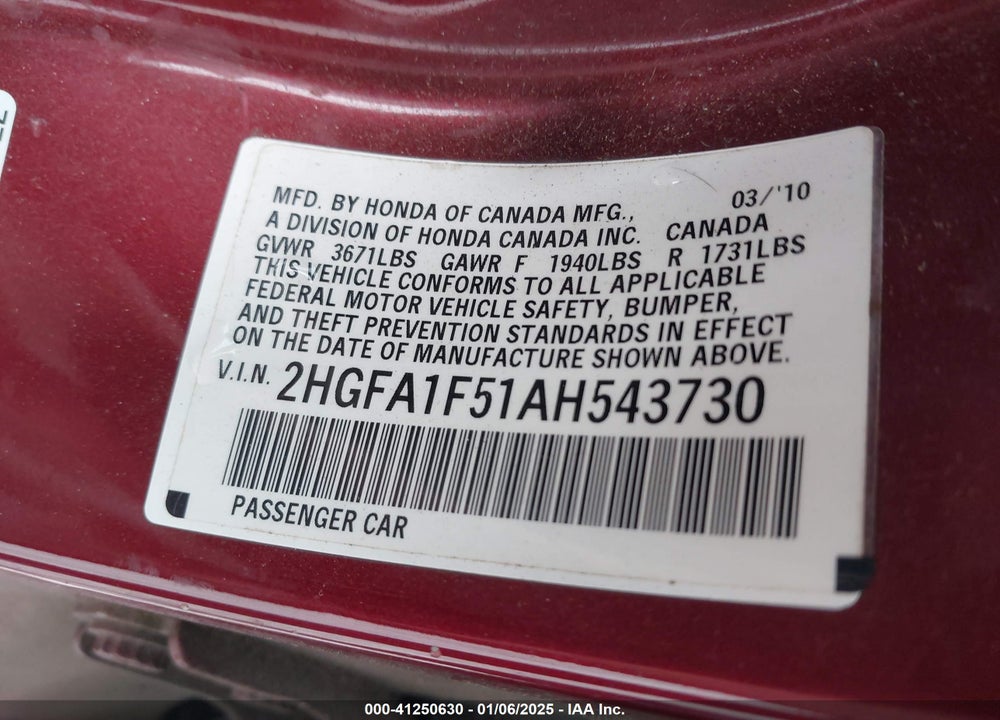 2010 HONDA CIVIC LX VIN: 2HGFA1F51AH543730