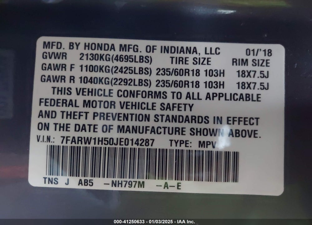 2018 HONDA CR-V EX VIN: 7FARW1H50JE014287