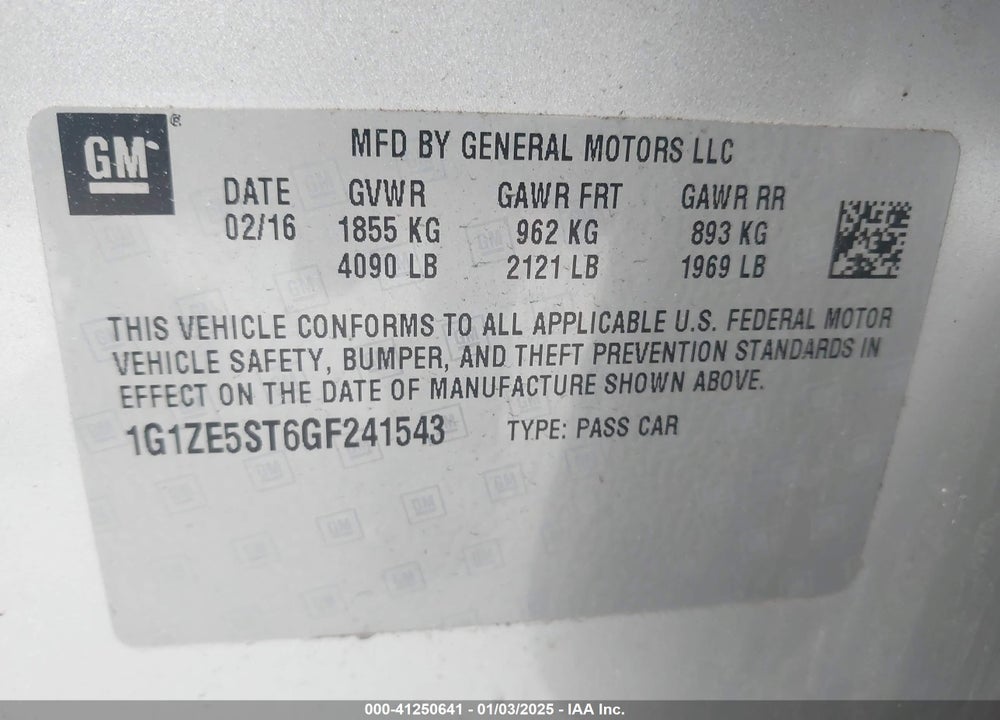 2016 CHEVROLET MALIBU 1LT VIN: 1G1ZE5ST6GF241543