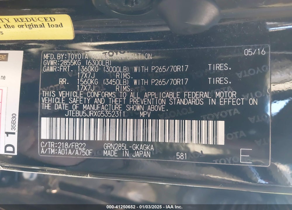 2016 TOYOTA 4RUNNER SR5 VIN: JTEBU5JRXG5352311