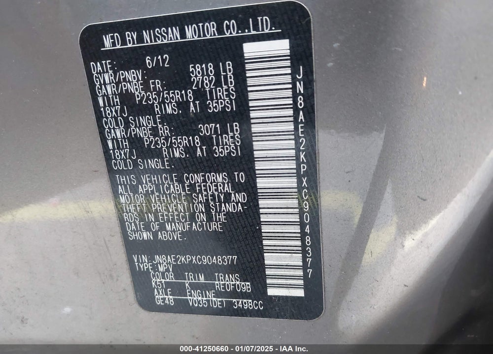 2012 NISSAN QUEST SL VIN: JN8AE2KPXC9048377